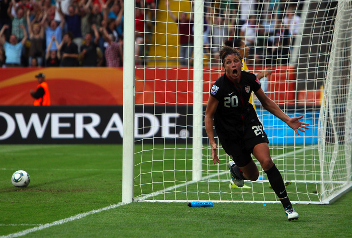 Abby Wambach celebrating goal against Brazil in world cup
