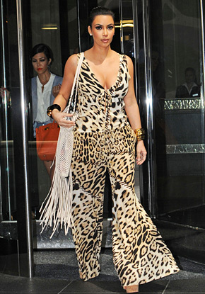 Kim Kardashian in Roberto Cavalli leopard print jumpsuit