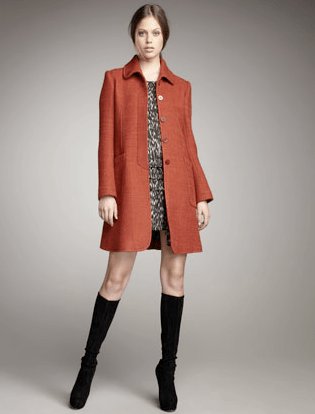 Theory Patchwork Tweed Coat ($685) Theory Flame-Print Silk Dress ($355)